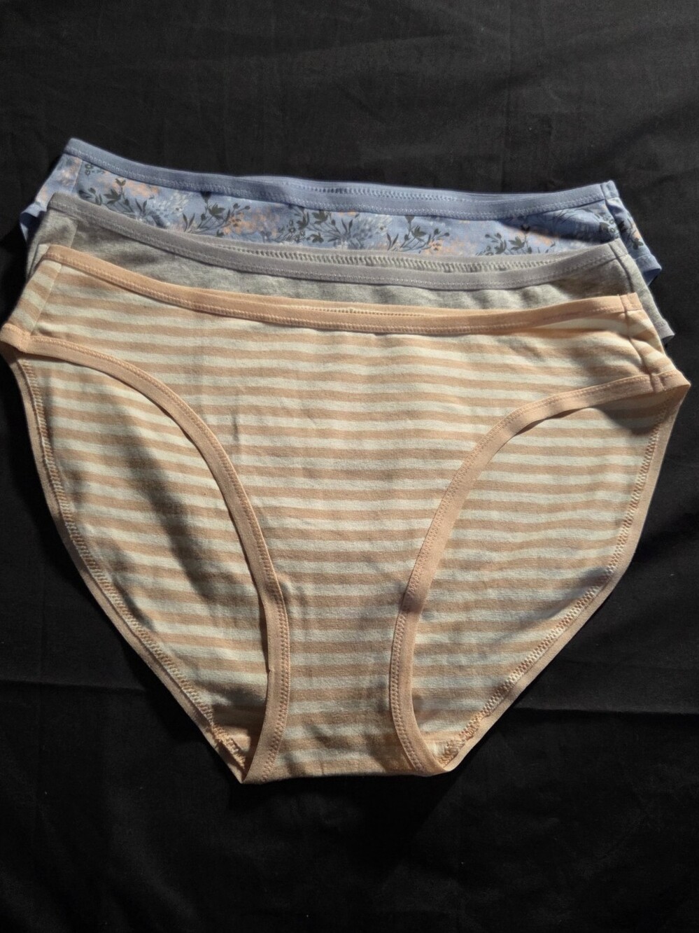 NWOT- Pact Organic- Bikini Briefs in Peach Stripe, Light Gray And Blue Floral